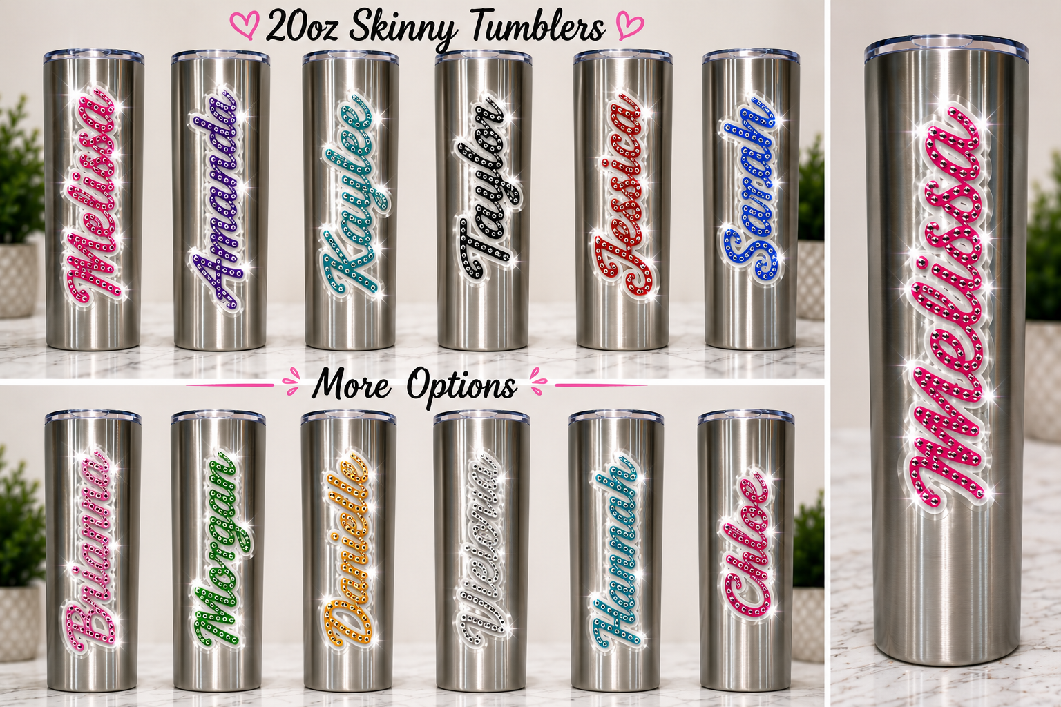 Personalized Rhinestone 20oz Tumbler – Choose Style, Colors & Custom Name