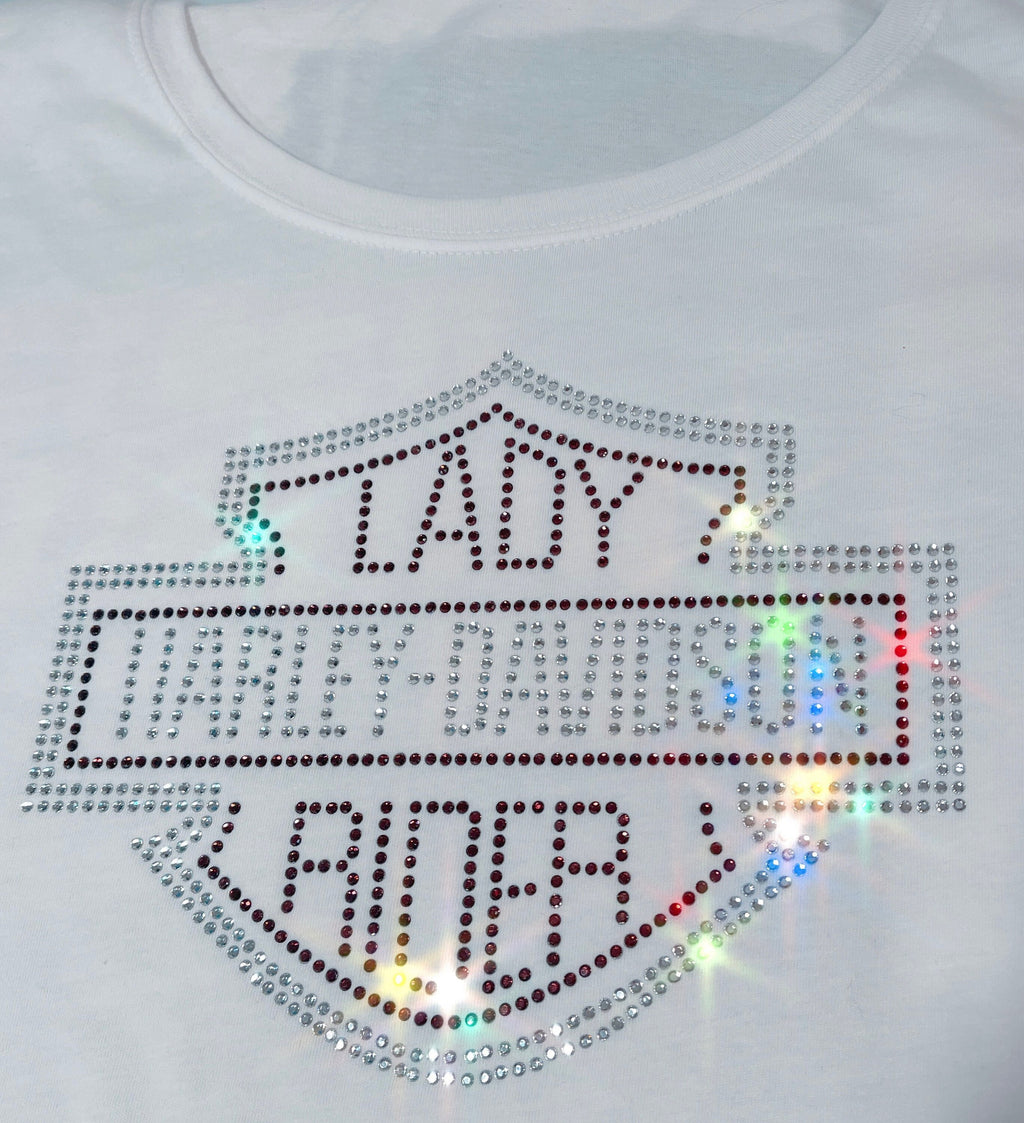 Lady Harley-Davidson Inspired Rhinestone Shirt | Sparkly Biker Tee | Bling Motorcycle Shirt | Custom Rhinestone Color Options