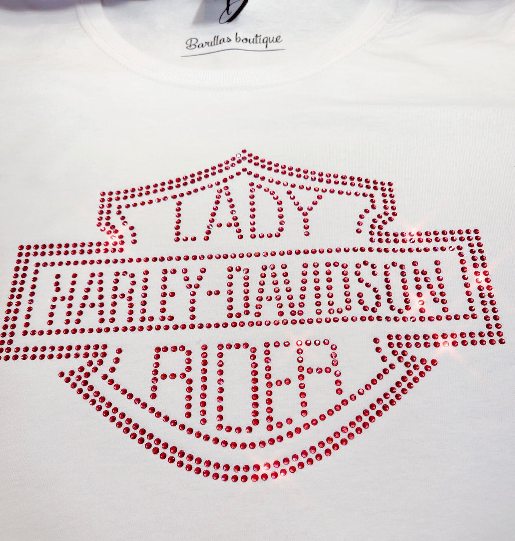 Lady Harley-Davidson Inspired Rhinestone Shirt | Sparkly Biker Tee | Bling Motorcycle Shirt | Custom Rhinestone Color Options