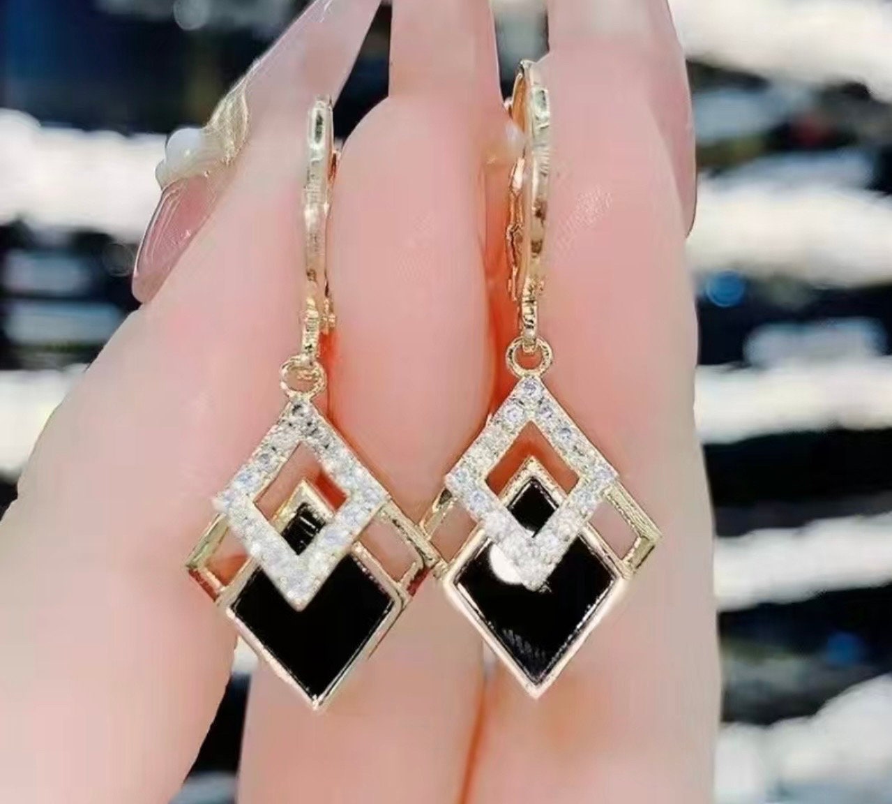 Black Geometric Pendant Earrings: Sterling Silver, Artificial Diamond