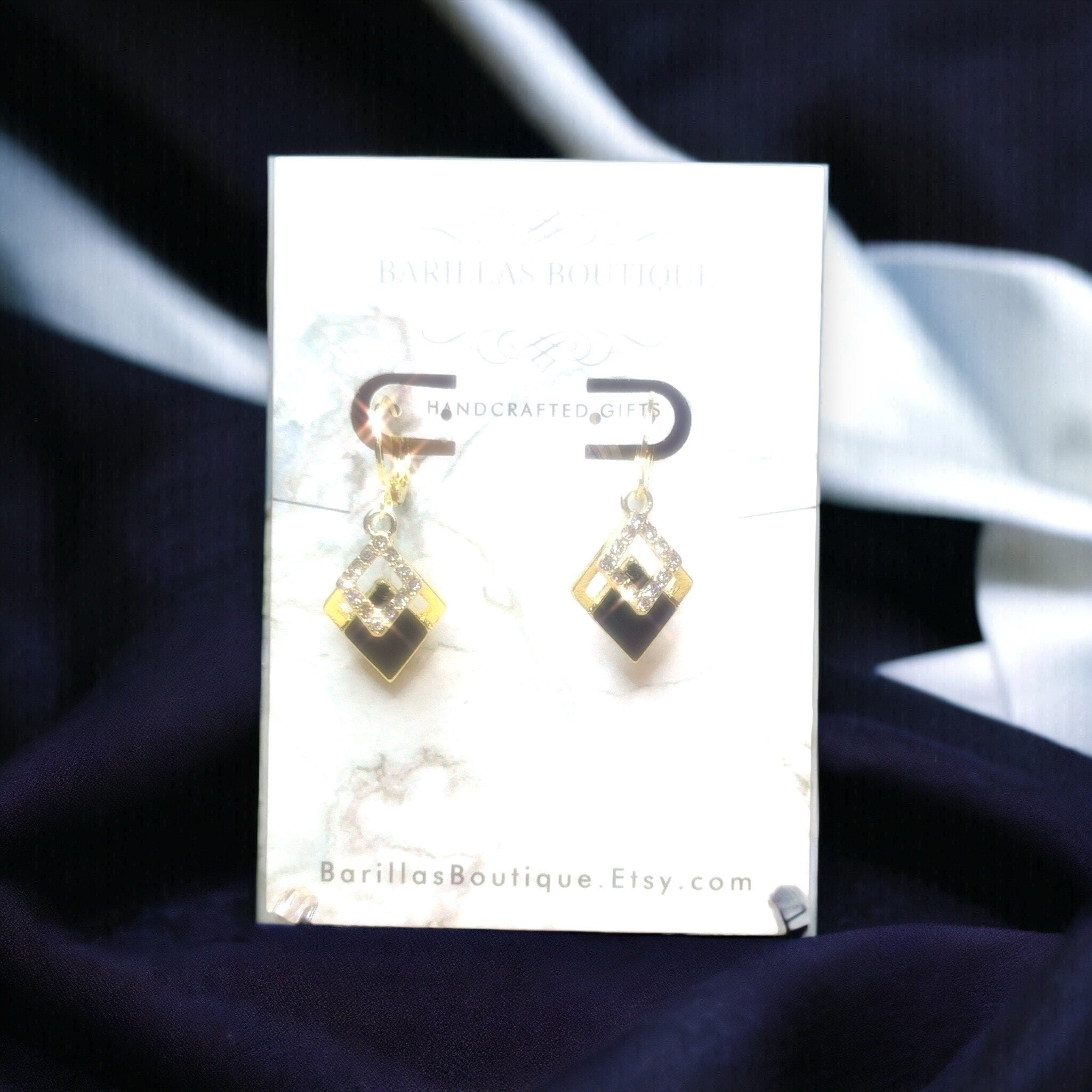 Black Geometric Pendant Earrings: Sterling Silver, Artificial Diamond