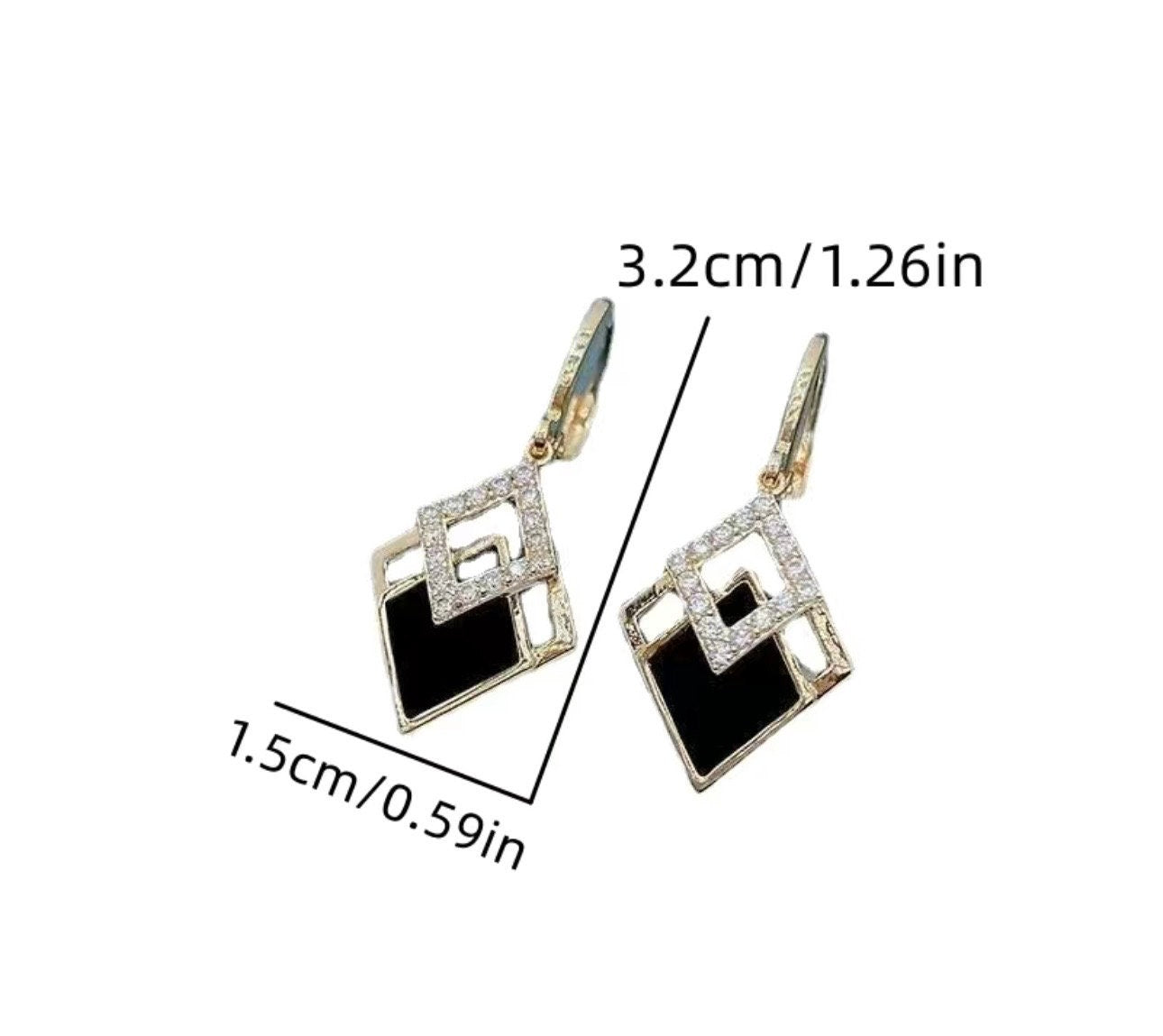 Black Geometric Pendant Earrings: Sterling Silver, Artificial Diamond