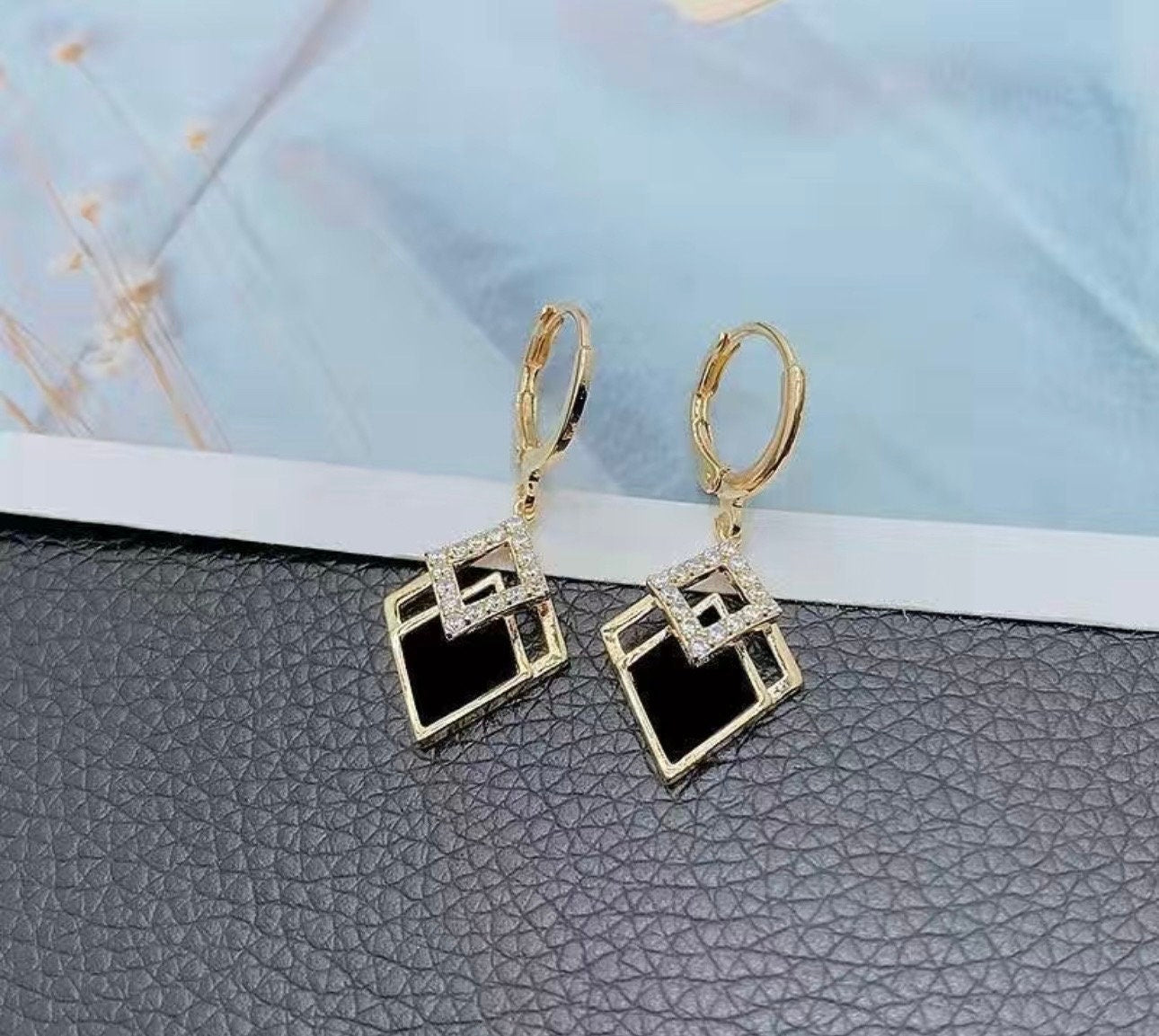 Black Geometric Pendant Earrings: Sterling Silver, Artificial Diamond