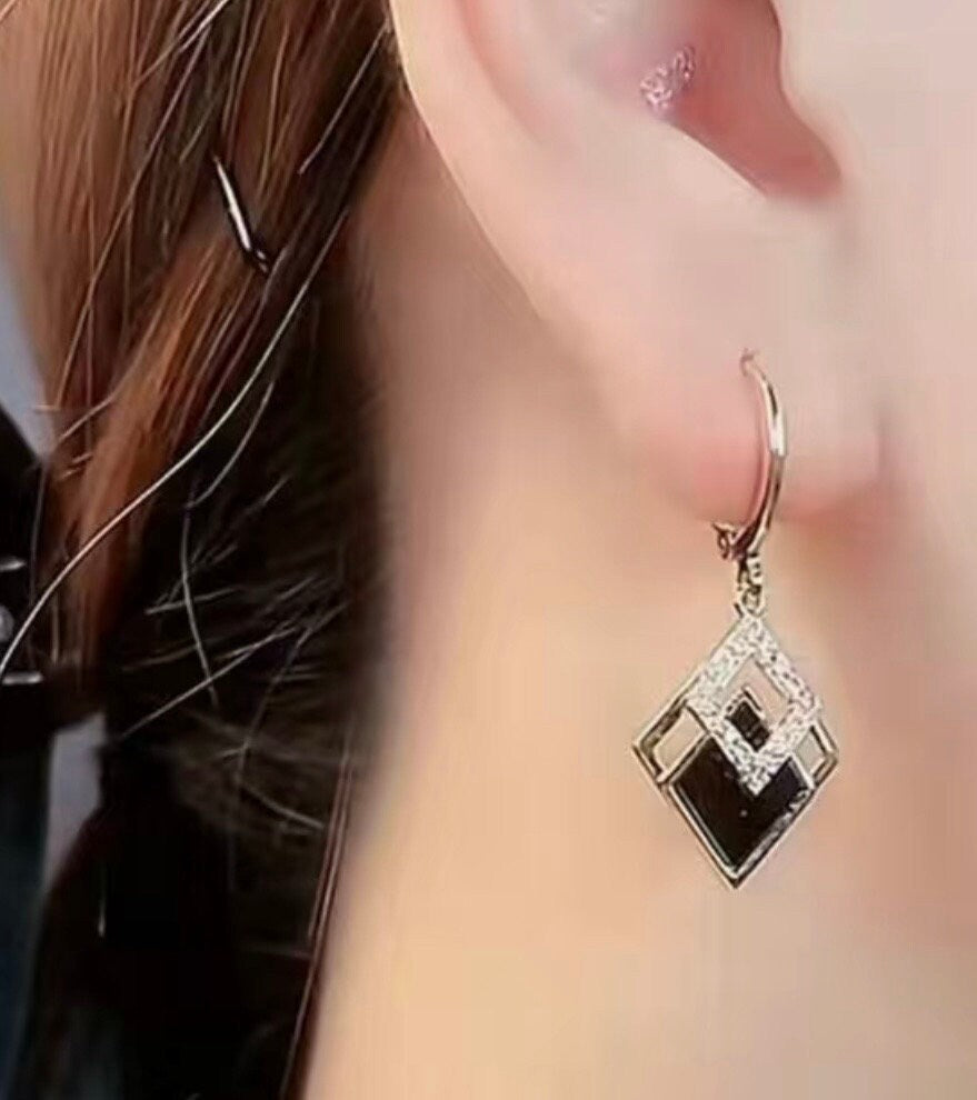 Black Geometric Pendant Earrings: Sterling Silver, Artificial Diamond