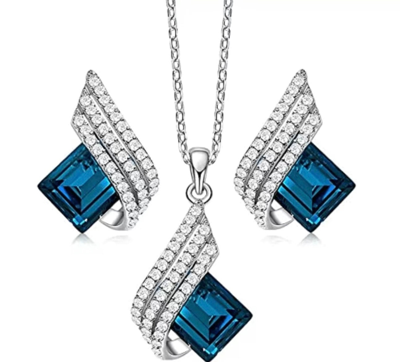 Blue Shining Diva Fashion Angel Wings Crystal Pendant Necklace, Jewelry Set, Gifts For her