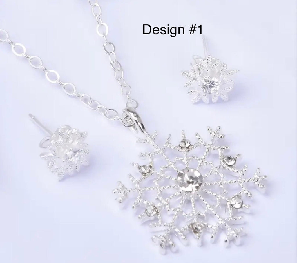 Silver Snowflake Jewelry Set: Rhinestone Necklace and Earrings