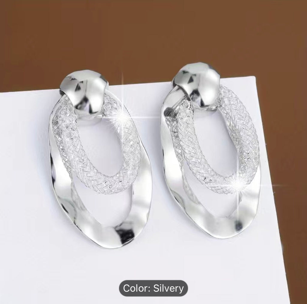 Oval Mesh Zircon Dangle Earrings