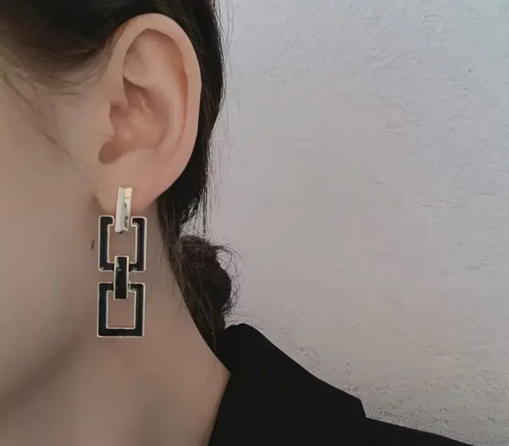 Hollow Rectangle Black Enamel Dangle Earrings