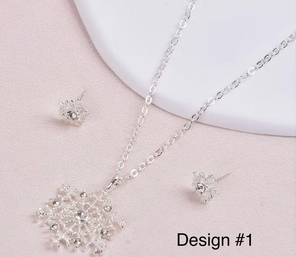 Silver Snowflake Jewelry Set: Rhinestone Necklace and Earrings