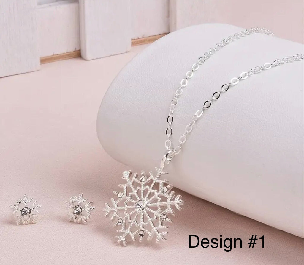 Silver Snowflake Jewelry Set: Rhinestone Necklace and Earrings