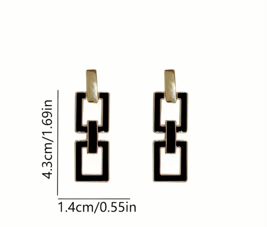 Hollow Rectangle Black Enamel Dangle Earrings