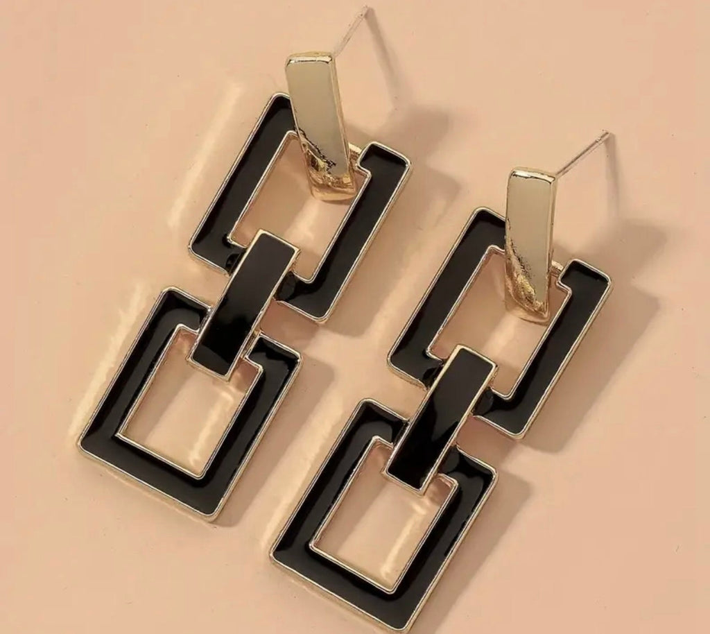 Hollow Rectangle Black Enamel Dangle Earrings