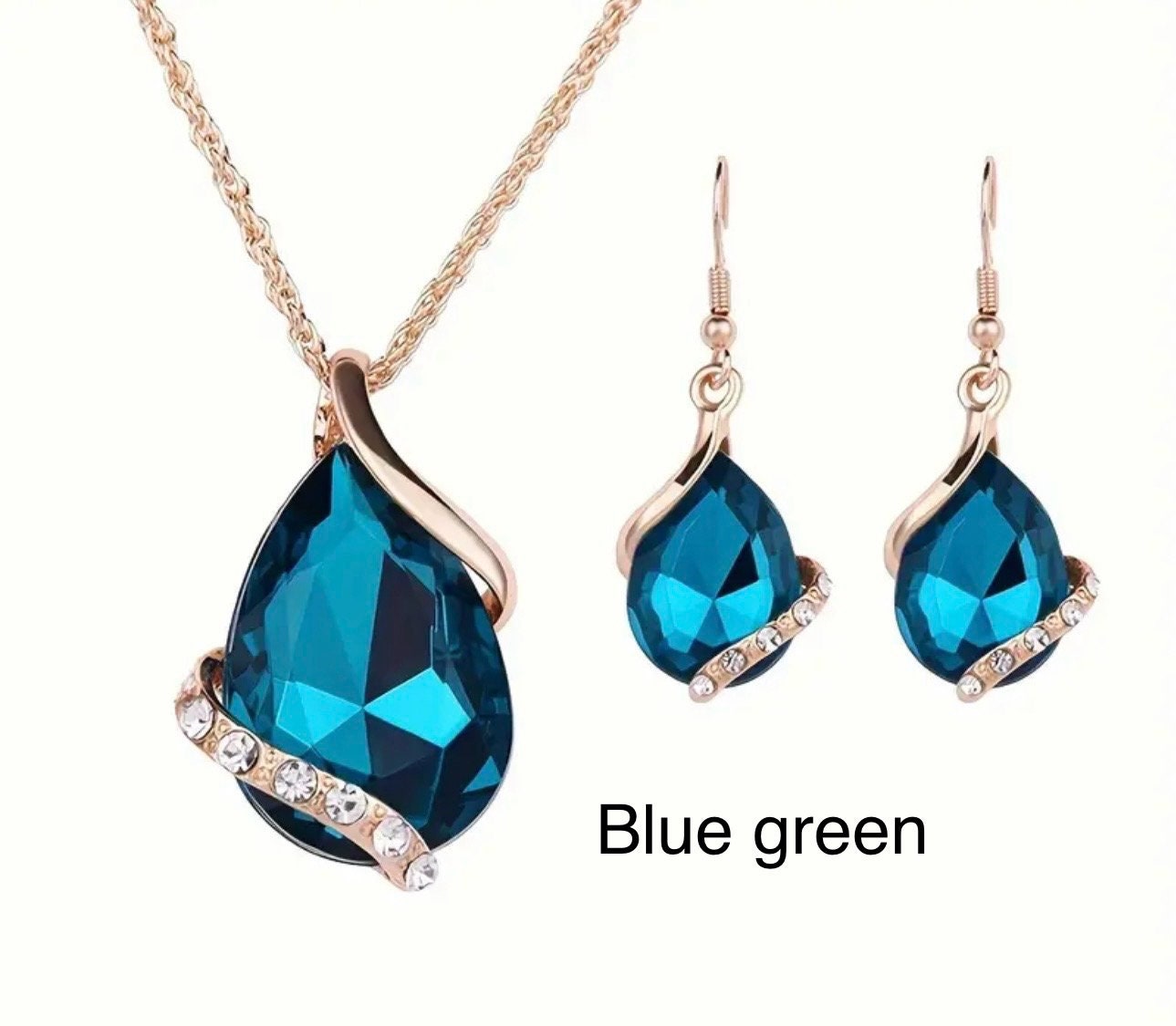 3pcs Earrings Plus Necklace Dainty Jewelry Set 14k Gold Plated Inlaid Teardrop Shape Rhinestone Multi Colors