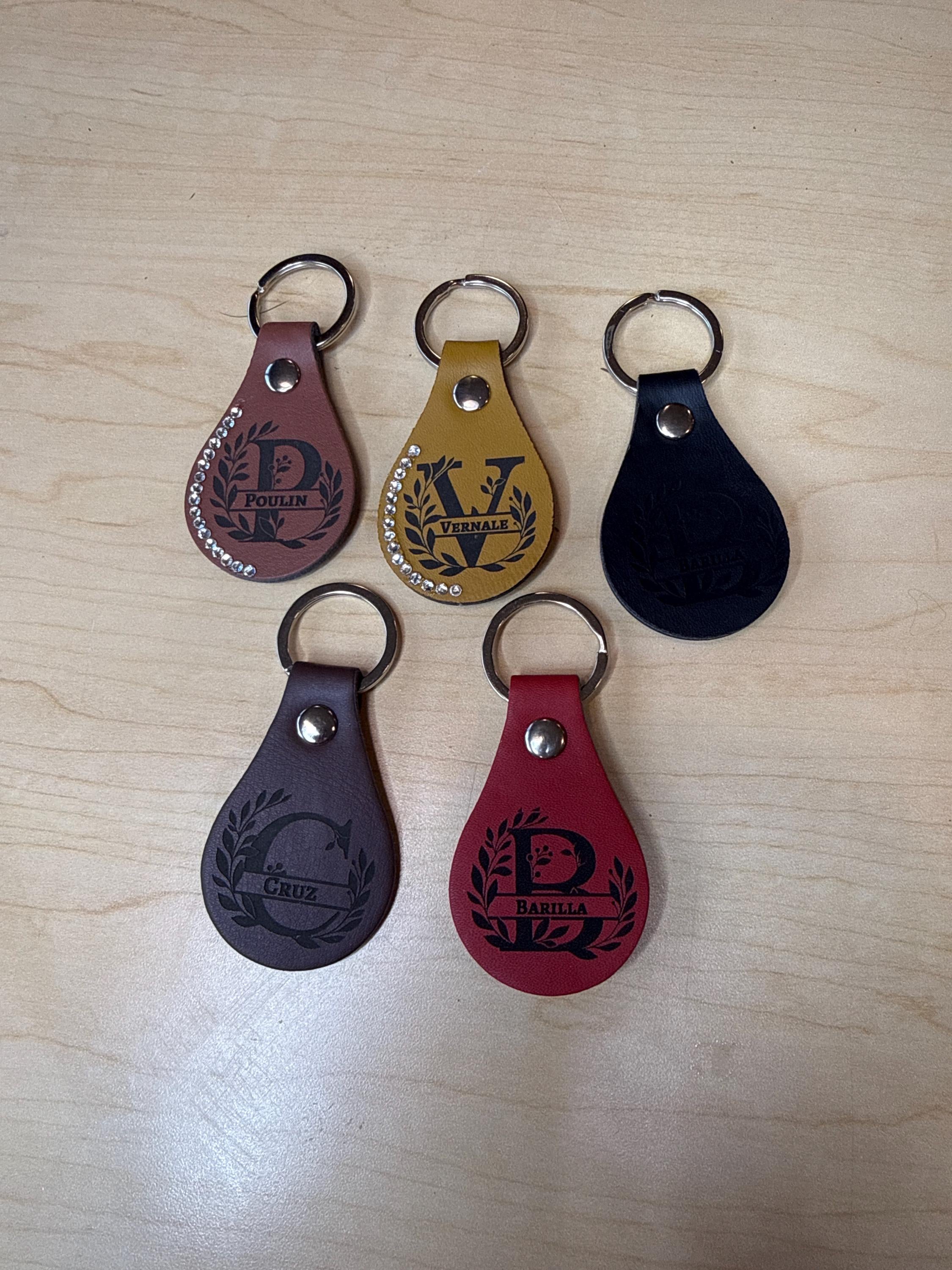 Personalized Faux Leather Keychain – Monogram Wreath, Rhinestone Accent