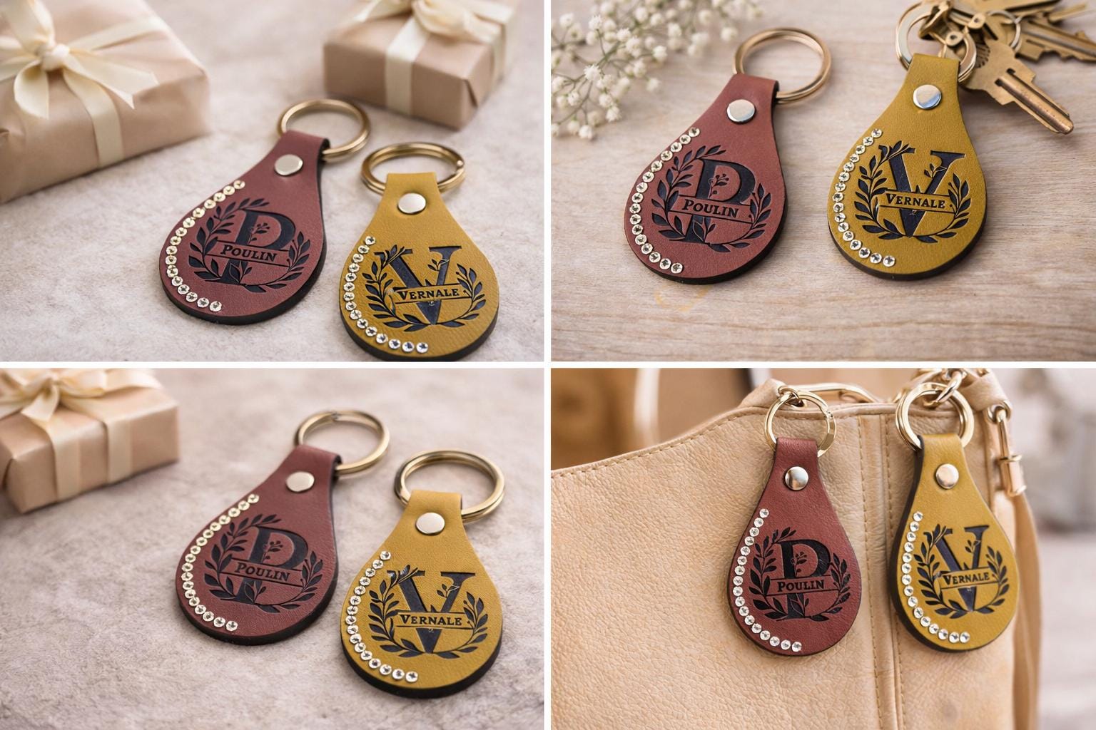 Personalized Faux Leather Keychain – Monogram Wreath, Rhinestone Accent