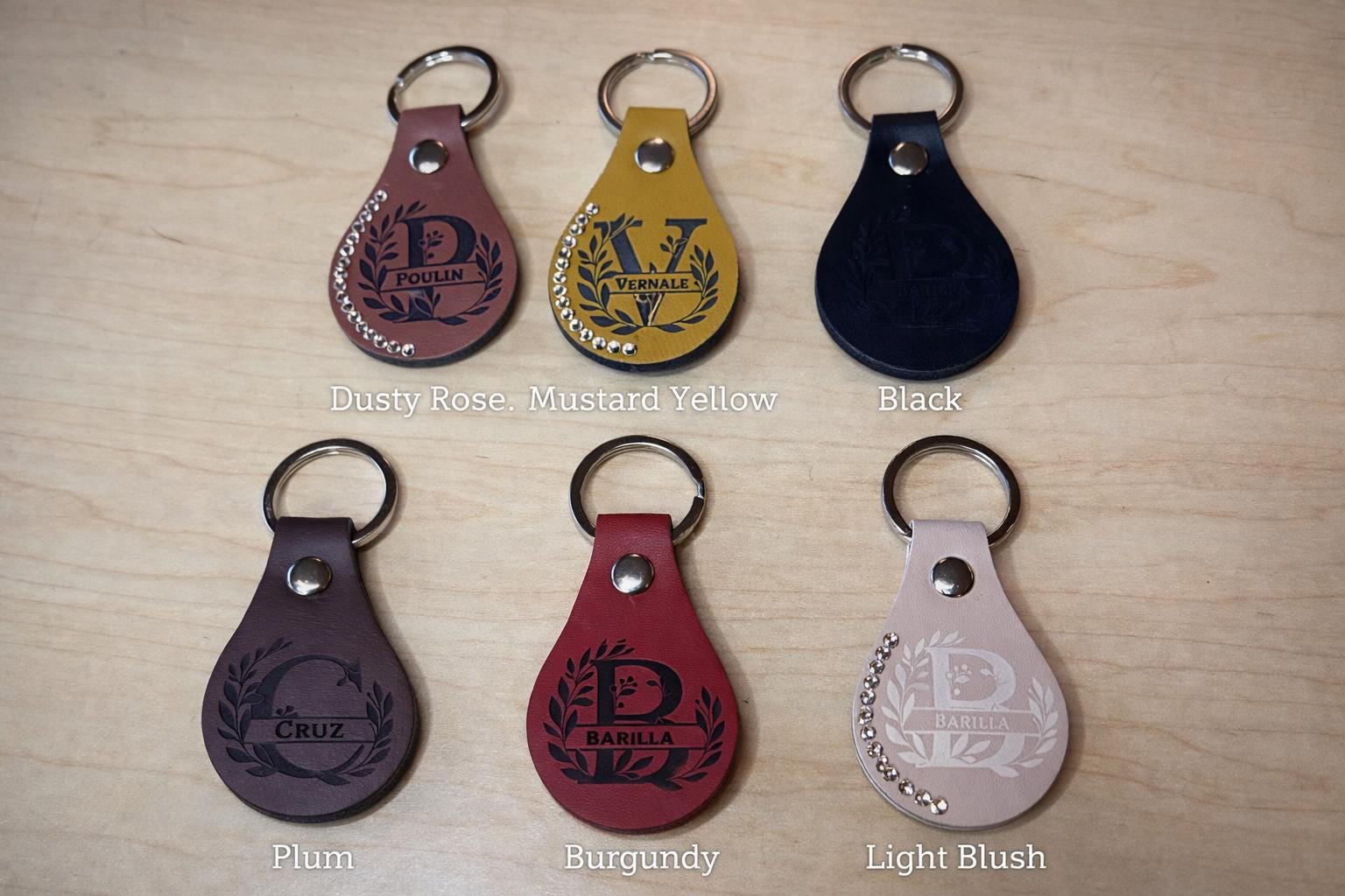 Personalized Faux Leather Keychain – Monogram Wreath, Rhinestone Accent