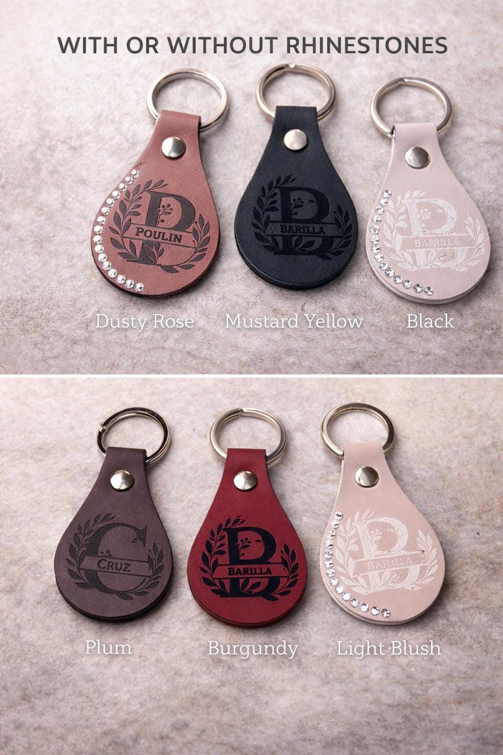 Personalized Faux Leather Keychain – Monogram Wreath, Rhinestone Accent