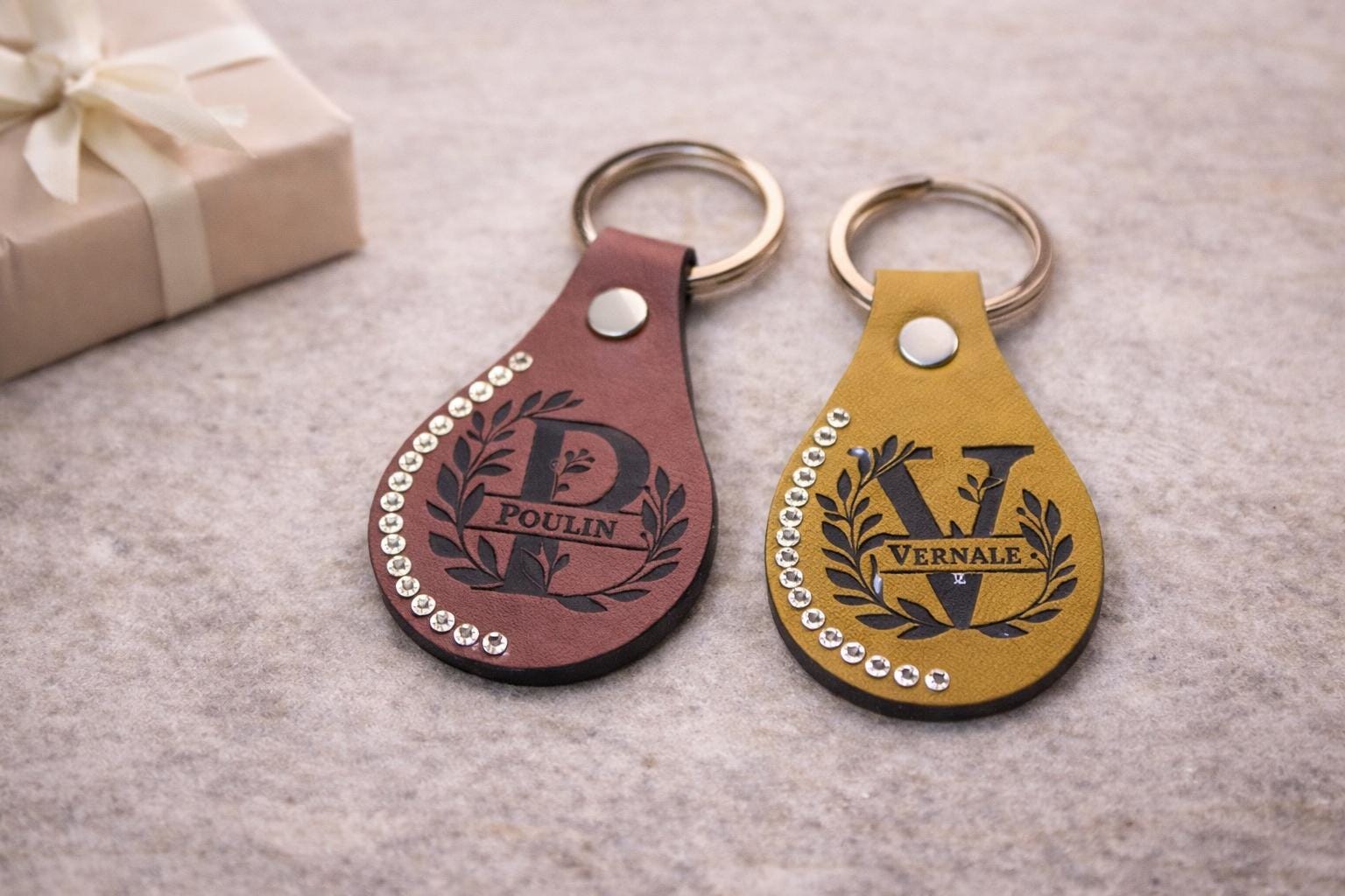 Personalized Faux Leather Keychain – Monogram Wreath, Rhinestone Accent