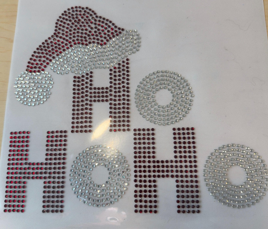 HO HO HO Rhinestone Transfer with Santa Hat | Hotfix Bling Heat Press Design | Christmas Rhinestone Iron On | Ready To Press