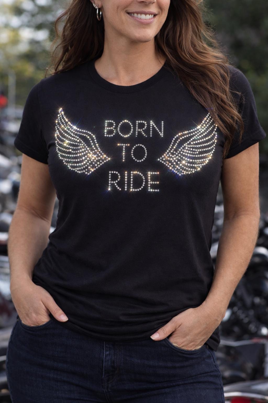 Born To Ride Rhinestone Biker Shirt, Custom Colors