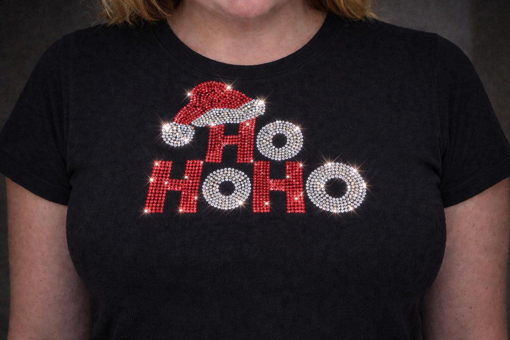 HO HO HO Rhinestone Transfer with Santa Hat | Hotfix Bling Heat Press Design | Christmas Rhinestone Iron On | Ready To Press