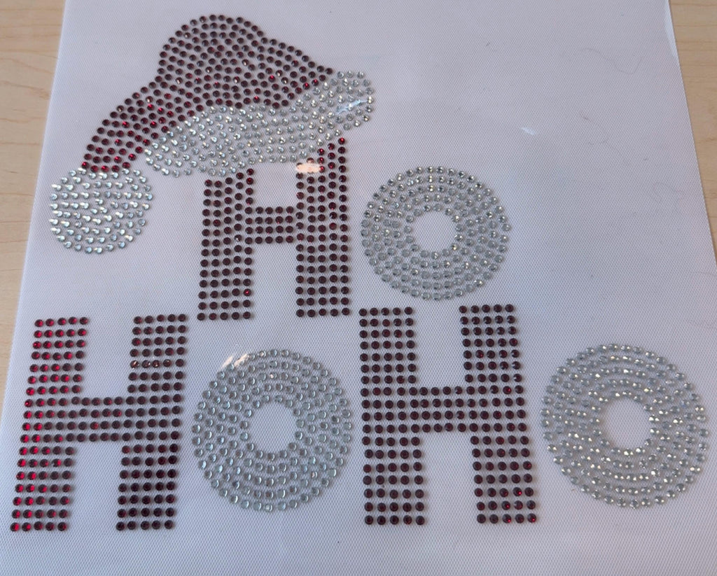 HO HO HO Rhinestone Transfer with Santa Hat | Hotfix Bling Heat Press Design | Christmas Rhinestone Iron On | Ready To Press