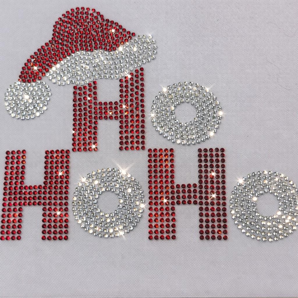 HO HO HO Rhinestone Transfer with Santa Hat | Hotfix Bling Heat Press Design | Christmas Rhinestone Iron On | Ready To Press
