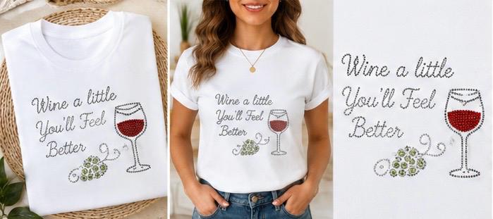 Funny Wine Rhinestone Shirt for Women, Sparkly Wine Lover Tee, Bling Cocktail Shirt, Girls Night Shirt, Choose Your Design