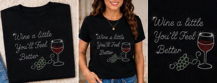 Funny Wine Rhinestone Shirt for Women, Sparkly Wine Lover Tee, Bling Cocktail Shirt, Girls Night Shirt, Choose Your Design