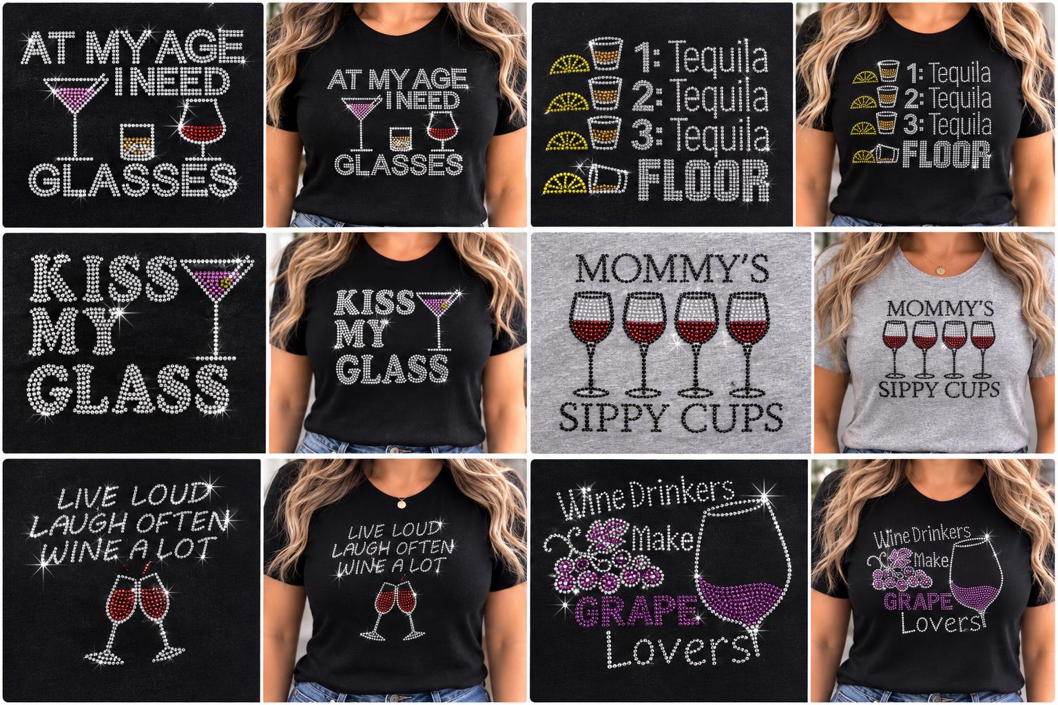 Funny Drinking Rhinestone Shirt for Women, Sparkly Cocktail Tee, Sassy Wine Shirt, Bling Girls Night Shirt, Choose Your Design
