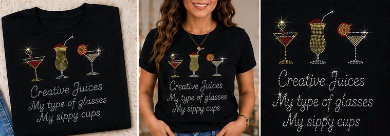 Funny Wine Rhinestone Shirt for Women, Sparkly Wine Lover Tee, Bling Cocktail Shirt, Girls Night Shirt, Choose Your Design